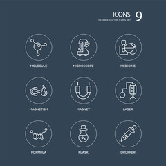 9 Molecule, Microscope, Formula, Laser, Magnet, Medicine, Magnetism, Flask modern icons on black background, vector illustration, eps10, trendy icon set.
