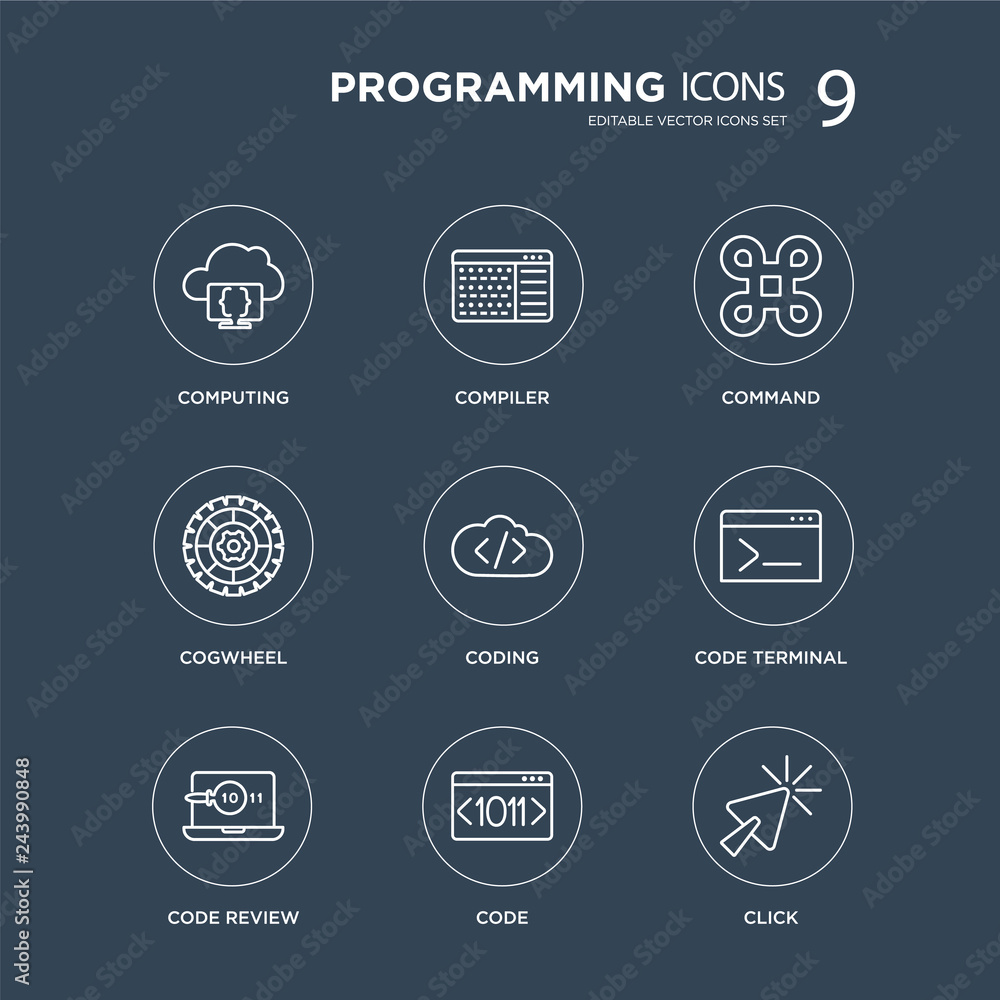Poster 9 computing, compiler, code review, terminal, coding, command, cogwheel, modern icons on black backg
