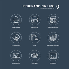 9 Developer, Database, Copyright, Cross-platform, Css, Data storage, Cyberspace, Content modern icons on black background, vector illustration, eps10, trendy icon set.