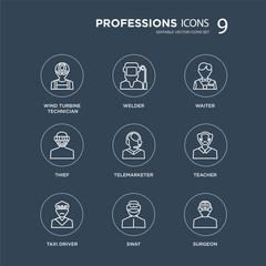 9 Wind Turbine Technician, Welder, Taxi driver, Teacher, Telemarketer, Waiter, Thief, Swat modern icons on black background, vector illustration, eps10, trendy icon set.