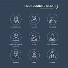 9 Cricket player, Cooker, Chemist, Civil Engineer, Clerk, Concierge, Computer Systems Analyst, Chef modern icons on black background, vector illustration, eps10, trendy icon set.