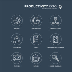 9 Trendy, Time passing, Tactics, Task page with marks, Tasks, hierarchy, Teamwork, Survey modern icons on black background, vector illustration, eps10, trendy icon set.