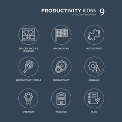 9 Soccer tactics diagram, Racing flag, Premium, Problem, Productivity, Puzzle piece, productivity Tools, Practice modern icons on black background, vector illustration, eps10, trendy icon set.