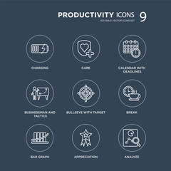 9 Charging, Care, Bar Graph, Break, Bullseye with target, Calendar deadlines, Businessman and tactics, Appreciation modern icons on black background, vector illustration, eps10, trendy icon set.