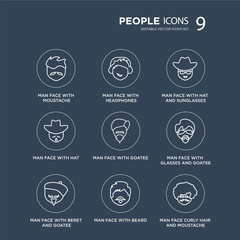 9 Man face with moustache, headphones, beret and goatee, glasses goatee modern icons on black background, vector illustration, eps10, trendy icon set.