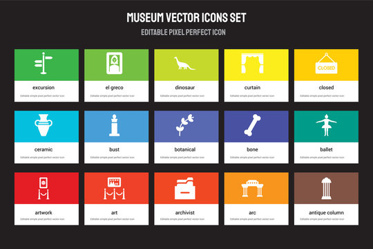 Set Of 15 Flat Museum Icons - Excursion, El Greco, Archivist, Closed, Artwork, Bone, Ballet, Arc. Vector Illustration Isolated On Colorful Background