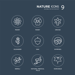 9 Peony, Pansy, Neroli, Nymphea, Oak, Orchid, Oleander, natural medical pills modern icons on black background, vector illustration, eps10, trendy icon set.