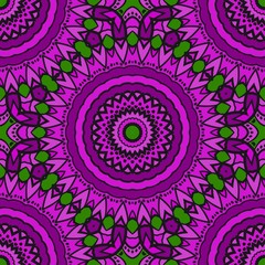Purple,, green color Floral Geometric Pattern With Hand-Drawing Mandala. Seamless vector Illustration. For Fabric, Textile