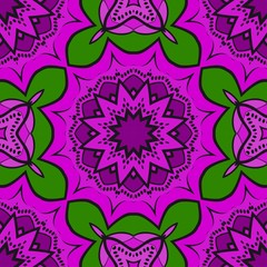 Purple,, green color Floral Geometric Pattern With Hand-Drawing Mandala. Seamless vector Illustration. For Fabric, Textile
