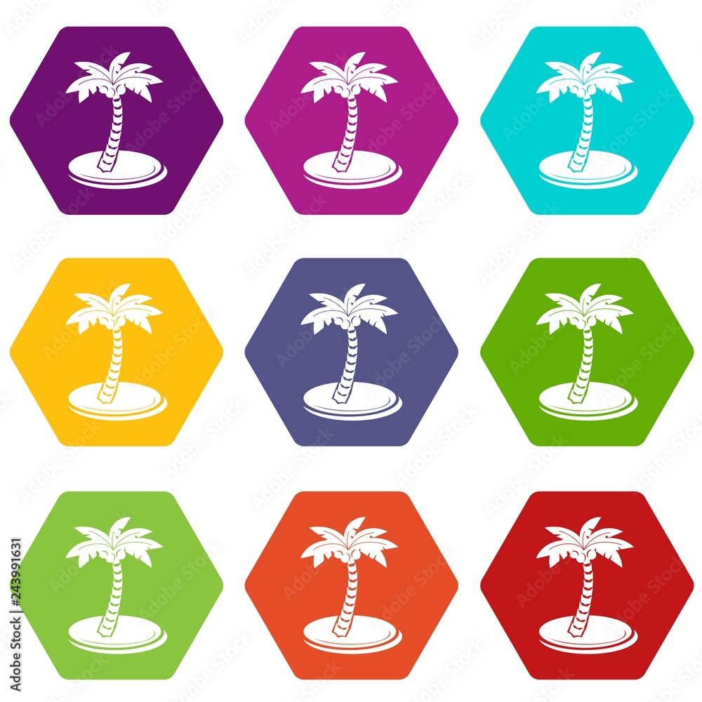 Poster palm tree with coconuts icons 9 set coloful isolated on white for web