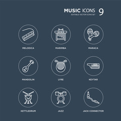9 Melodica, Marimba, Kettledrum, Keytar, Lyre, Maraca, Mandolin, Jazz modern icons on black background, vector illustration, eps10, trendy icon set.