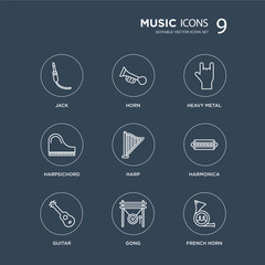 9 Jack, Horn, Guitar, Harmonica, Harp, Heavy metal, Harpsichord, Gong modern icons on black background, vector illustration, eps10, trendy icon set.