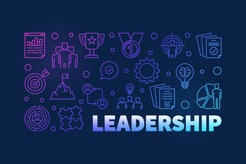 Leadership vector colored horizontal outline illustration or banner on dark background