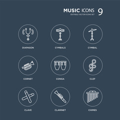 9 Diapason, Cymbals, Clave, Clef, Conga, Cymbal, cornet, Clarinet modern icons on black background, vector illustration, eps10, trendy icon set.