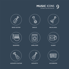 9 Bass Guitar, Banjo, Acoustic Album, Amplifier, Balalaika, Bagpipes, modern icons on black background, vector illustration, eps10, trendy icon set.