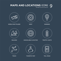 9 World Map Folded, West, Track, Traffic lights, Unavailable Location, Warning, Walking, Touristic map modern icons on black background, vector illustration, eps10, trendy icon set.