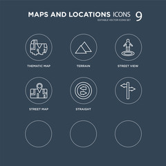 9 Thematic Map, Terrain, Shopping Pin, , Straight, Street view, Segment Path modern icons on black background, vector illustration, eps10, trendy icon set.