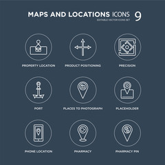 9 property location, Product Positioning, Phone Location, Placeholder, Places to photograph, Precision, Port, Pharmacy modern icons on black background, vector illustration, eps10, trendy icon set.