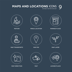 9 Motion, Minus Location, Map Direction, Layer, Pin, Marked Place, Transports, modern icons on black background, vector illustration, eps10, trendy icon set.