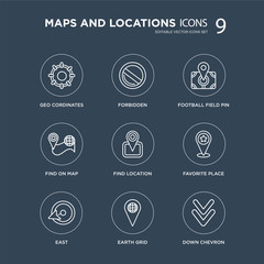 9 Geo Cordinates, Forbidden, East, Favorite Place, Find Location, Football Field Pin, On Map, Earth grid modern icons on black background, vector illustration, eps10, trendy icon set.