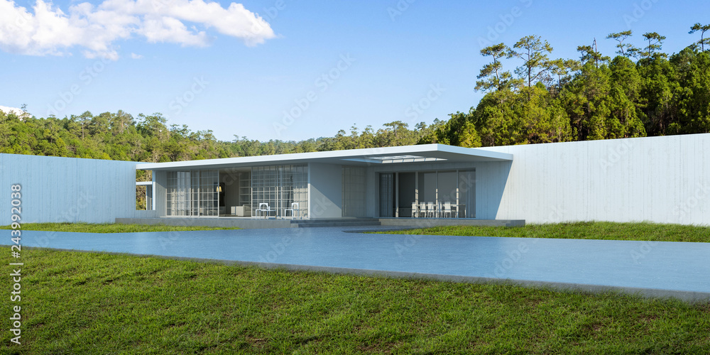 Poster perspective of luxury modern house with huge concrete wall and lawn yard in day time, idea of minima