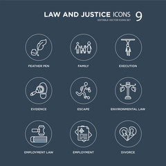 9 Feather pen, Family, employment law, environmental Escape, Execution, Evidence, Employment modern icons on black background, vector illustration, eps10, trendy icon set.
