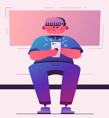 Man hold smartphone. Cartoon vector illustration. Character design