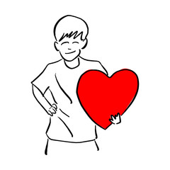 boy holding big red heart shape sign on his left hand vector illustration sketch doodle hand drawn with black lines isolated on white background