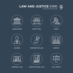 9 Courthouse, court Trial, contract law, Convict, corporative Court, counsel, constitutional law modern icons on black background, vector illustration, eps10, trendy icon set.