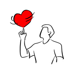 man spinning red heart shape sign on his finger vector illustration sketch doodle hand drawn with black lines isolated on white background