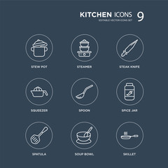 Fototapeta premium 9 stew pot, steamer, Spatula, spice jar, Spoon, steak knife, Squeezer, soup bowl modern icons on black background, vector illustration, eps10, trendy icon set.