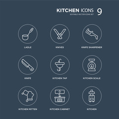 9 Ladle, Knives, kitchen Mitten, Scale, Tap, knife sharpener, Knife, Cabinet modern icons on black background, vector illustration, eps10, trendy icon set.