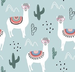 Fototapeta premium Seamless pattern with llama and cactus. vector illustration for fabric, textile,wallpaper.