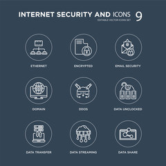 9 Ethernet, Encrypted, Data transfer, data unclocked, Ddos, Email security, domain, streaming modern icons on black background, vector illustration, eps10, trendy icon set.