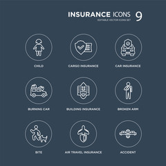 9 Child, Cargo insurance, Bite, Broken arm, Building Car Burning car, Air travel insurance modern icons on black background, vector illustration, eps10, trendy icon set.