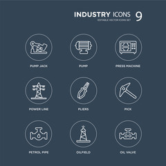 9 Pump jack, Pump, petrol Pipe, Pick, Pliers, Press machine, Power line, Oilfield modern icons on black background, vector illustration, eps10, trendy icon set.