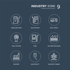 Fototapeta premium 9 Gasoline pump, Gas station, Factory, Factory building, Fuel, Fuel truck, Electricity modern icons on black background, vector illustration, eps10, trendy icon set.