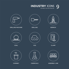 9 Drilling machine, Drilling, Chimney, Clamp, Co2, Derrick, Coal, Chemicals modern icons on black background, vector illustration, eps10, trendy icon set.