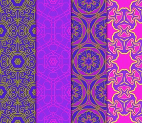 Set of Lace Floral Ornament. Seamless Design For Prints, Textile, Decor, Fabric. Vector Pattern. Blue, purple, orange color