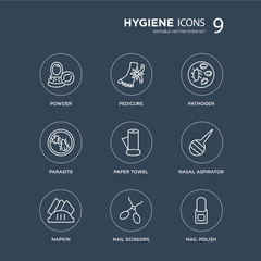 Fototapeta premium 9 powder, Pedicure, Napkin, Nasal aspirator, paper towel, pathogen, parasite, Nail scissors modern icons on black background, vector illustration, eps10, trendy icon set.