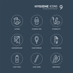 9 lather, hygienic pad, hair tonic, Hair washing, Hand mirror, hygiene kit, Handkerchief, comb modern icons on black background, vector illustration, eps10, trendy icon set.