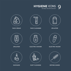 9 face cream, Face cleanser, ear buds, Electric razor, shaver, epliator, epilator, dust cleaning modern icons on black background, vector illustration, eps10, trendy icon set.