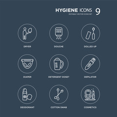 9 Dryer, douche, Deodorant, Depilator, Detergent dose?, dolled up, Diaper, Cotton swab modern icons on black background, vector illustration, eps10, trendy icon set.