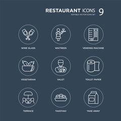 9 Wine glass, Waitress, Terrace, Toilet paper, Valet, Vending machine, Vegetarian, Takoyaki modern icons on black background, vector illustration, eps10, trendy icon set.
