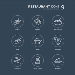 9 Sushi, Steak, Skewer, Slippers, Soup, Spaghetti, Spa, Single bed modern icons on black background, vector illustration, eps10, trendy icon set.