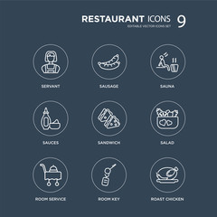 9 Servant, Sausage, Room service, Salad, Sandwich, Sauna, Sauces, key modern icons on black background, vector illustration, eps10, trendy icon set.
