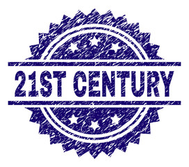 21ST CENTURY stamp seal watermark with distress style. Blue vector rubber print of 21ST CENTURY title with corroded texture.