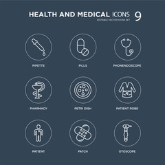 9 Pipette, Pills, Patient, Patient robe, Petri dish, Phonendoscope, Pharmacy, Patch modern icons on black background, vector illustration, eps10, trendy icon set.