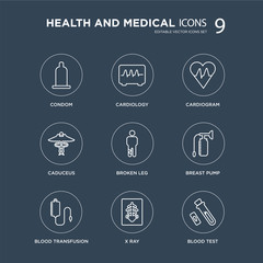 9 Condom, Cardiology, Blood transfusion, Breast pump, Broken leg, Cardiogram, Caduceus, X ray modern icons on black background, vector illustration, eps10, trendy icon set.