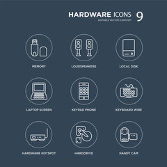 9 Memory, Loudspeakers, Hardware Hotspot, Keyboard Wire, Keypad Phone, Local disk, Laptop Screen, Harddrive modern icons on black background, vector illustration, eps10, trendy icon set.